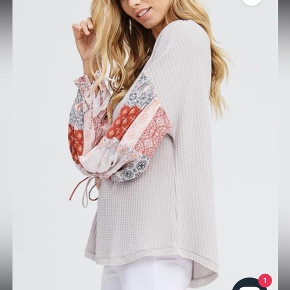 In Loom The Way You Move Mixed Media Boho Bandana Waffle Knit Loose Fit Top - Picture 15 of 16